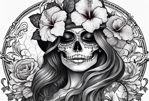 a full body female skeleton with hibiscus flower. tattoo idea
