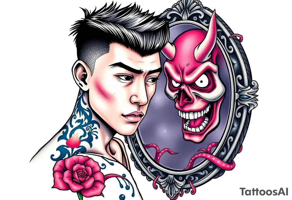 Handsome Asian young guy is looking in cursed mirror and see the evil tattoo idea
