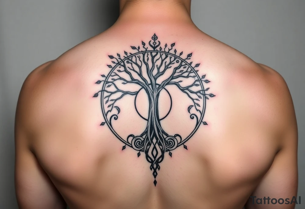 yggadrisl tree of life with circle. Jai , Phoebe, Imogen, Matilda in the circle tattoo idea