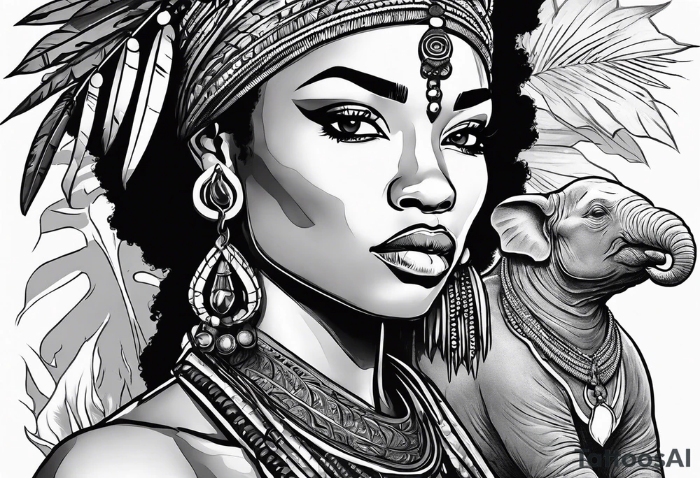 African woman warrior holding spear with deadlocks and earrings. With leafs and brids and Elephant in the background tattoo idea