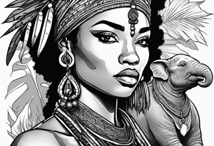 African woman warrior holding spear with deadlocks and earrings. With leafs and brids and Elephant in the background tattoo idea