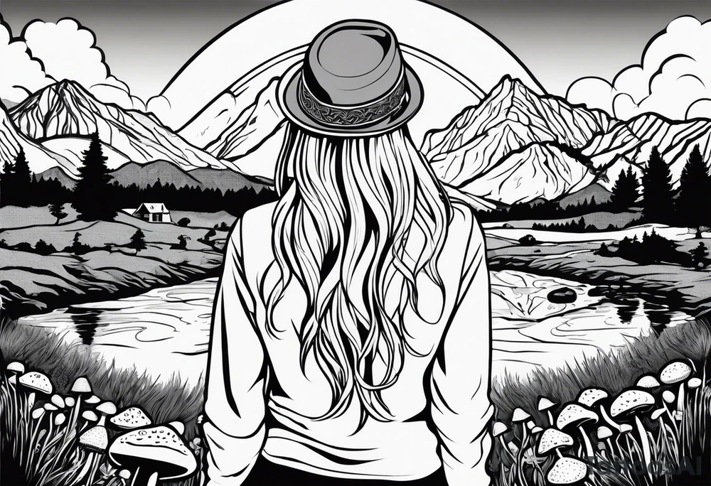 Whole picture encircled fully

Straight long blonde hair hippie girl in distance holding mushrooms in hand facing away toward mountains and creek surrounded by mushrooms long sleeve shirt and hiking pants; whole rendering within a full celtic circle border, no cut off circle tattoo idea