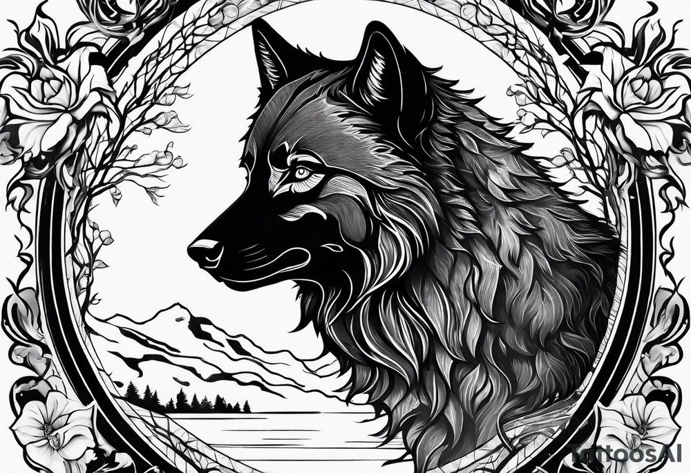Black wolf reflection to white wolf tattoo idea