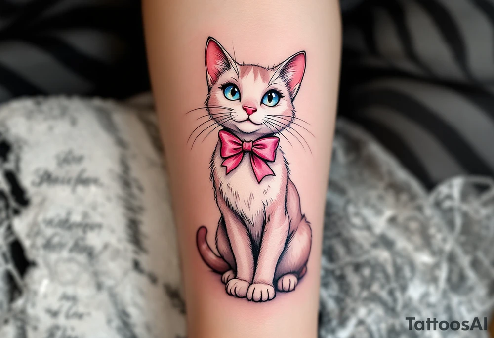 The Aristocats' Marie with pink bow sits pretty in pink and white, a perfect tattoo for classic cat lovers. tattoo idea