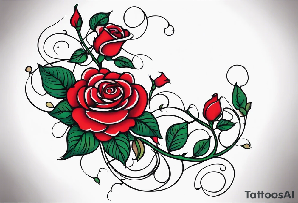 sleeve tattoo a long vine with many small roses. Most roses are in closed bud. some larger open bud. tattoo idea