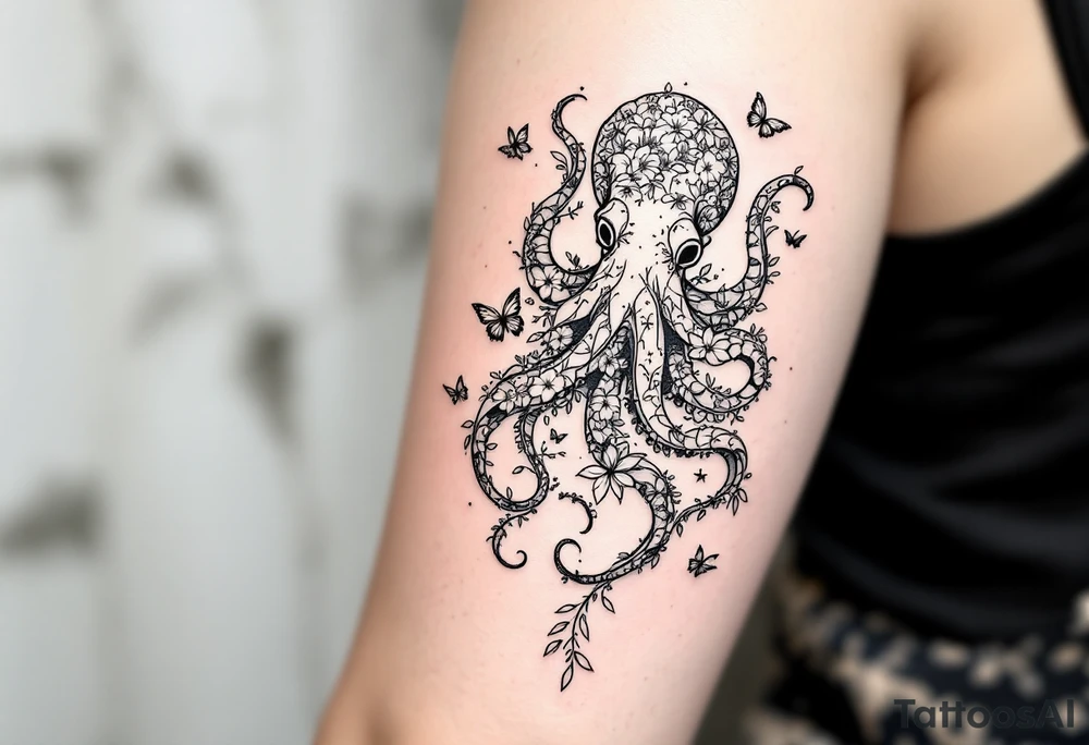 A fine-line tattoo design of a single octopus made entirely of flowers and butterflies. The octopus’s tentacles are shaped like flowing floral vines with leaves and petals, and its body is composed of overlapping blossoms and butterfly wings. Incorporate sacred geometry. The style is minimalist, elegant, and nature-inspired, with delicate black and grey lines, soft shading, and no outlines. No aquatic or marine elements besides the floral octopus. The design flows organically down the upper arm or shoulder, with a light, airy, and poetic feel. tattoo idea