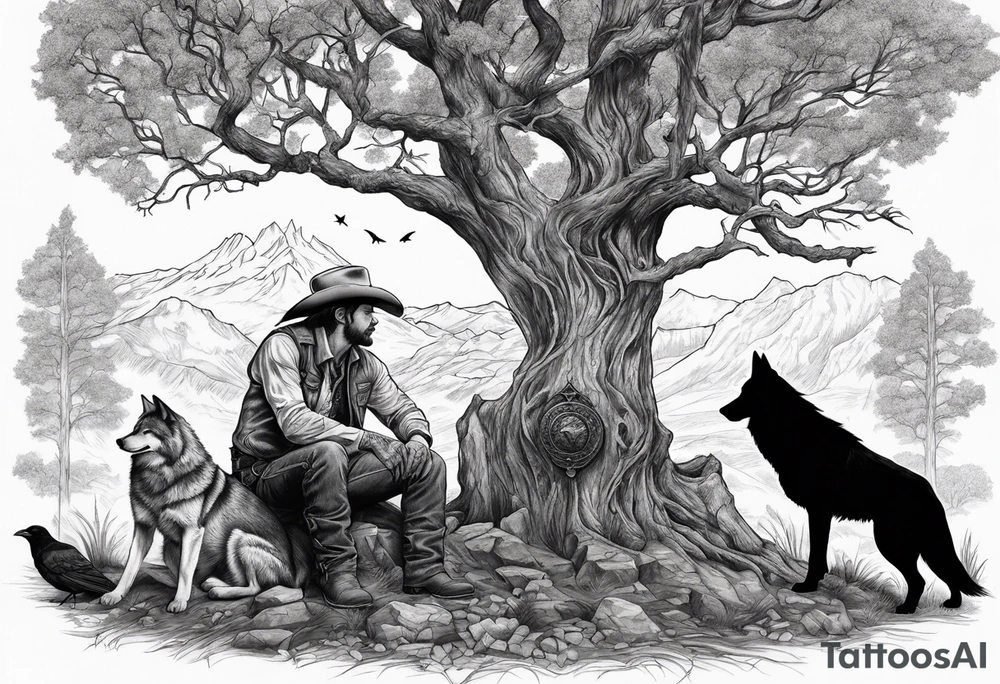 cowboy near death
 sitting in front of a fire with the tree of life behind him and a wolf and a raven tattoo idea