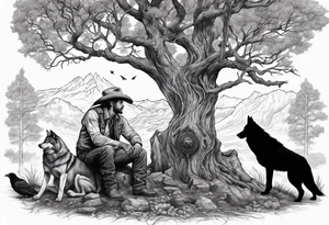 cowboy near death
 sitting in front of a fire with the tree of life behind him and a wolf and a raven tattoo idea
