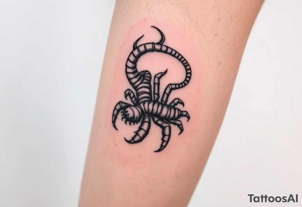 a creepy blackwork centipede tattoo on the inner calf tattoo idea