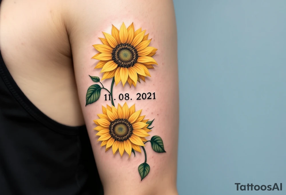 Barbora 11. 08. 2021) – Soft yellow sunflowers blooming around Barbora’s birthdate, with green vines and a light blue sky background. tattoo idea