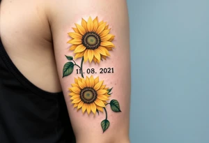 Barbora 11. 08. 2021) – Soft yellow sunflowers blooming around Barbora’s birthdate, with green vines and a light blue sky background. tattoo idea