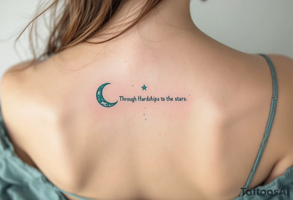Flowing in teal ink across the spine, “Through Hardships to the stars” is crowned with a crescent moon. tattoo idea