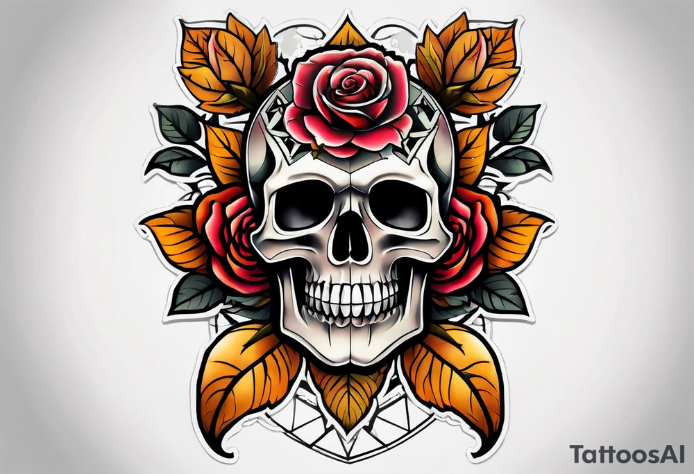 neo traditional Knee tattoo in fall colors showing a large skull with a rose in the style tattoo idea