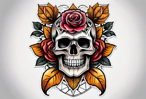 neo traditional Knee tattoo in fall colors showing a large skull with a rose in the style tattoo idea