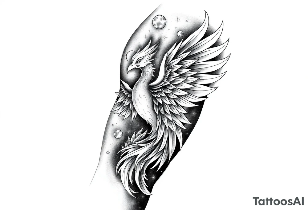 Powerful Phoenix feminine energy flames from within at night with stars planets and nebula tattoo idea