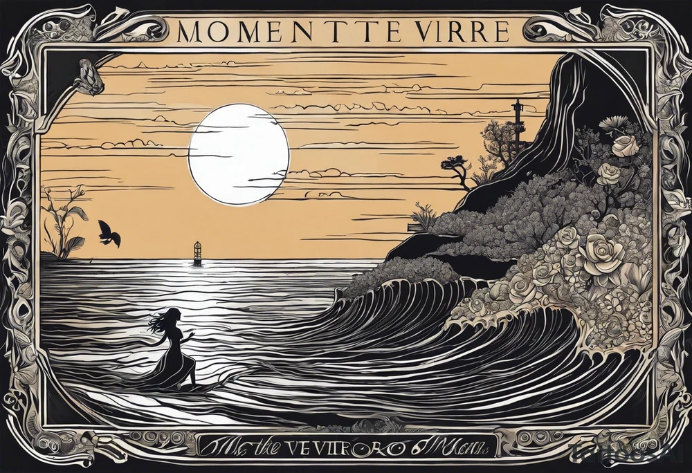 In a rectangle: woman underwater reaching up to the sky towards the sun. Under the water there is a layer of earth with Skeletons underground. “Momento Mori” written on the bottom of the rectangle and “Momento Vivere” written on the top of the rectangle tattoo idea