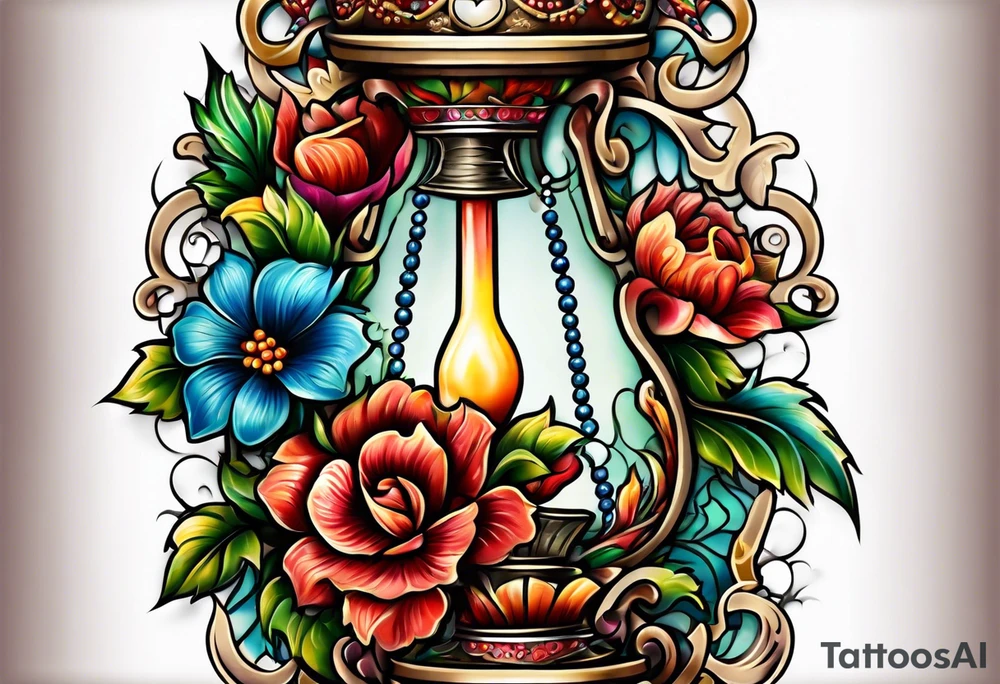 Floral leg piece with beading and lace tattoo idea. colorful, old school flowers, highly detailed, florals. white background. beautiful hourglass at the center, intricate highly detailed, tattoo idea