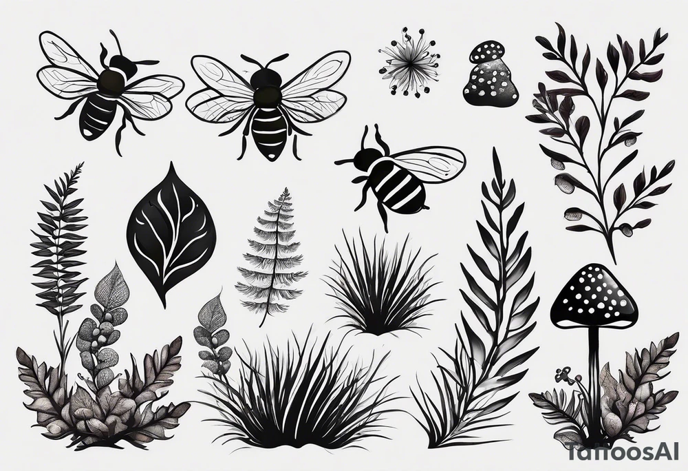 forest floor inspired minimalist tattoo, which includes grass, curly ferns, moss and dead leaves as the bulk of the tattoo. details to include: forest berries, a tiny bumblebee flying nearby, three small brown mushrooms
Generate a vertically long one tattoo idea