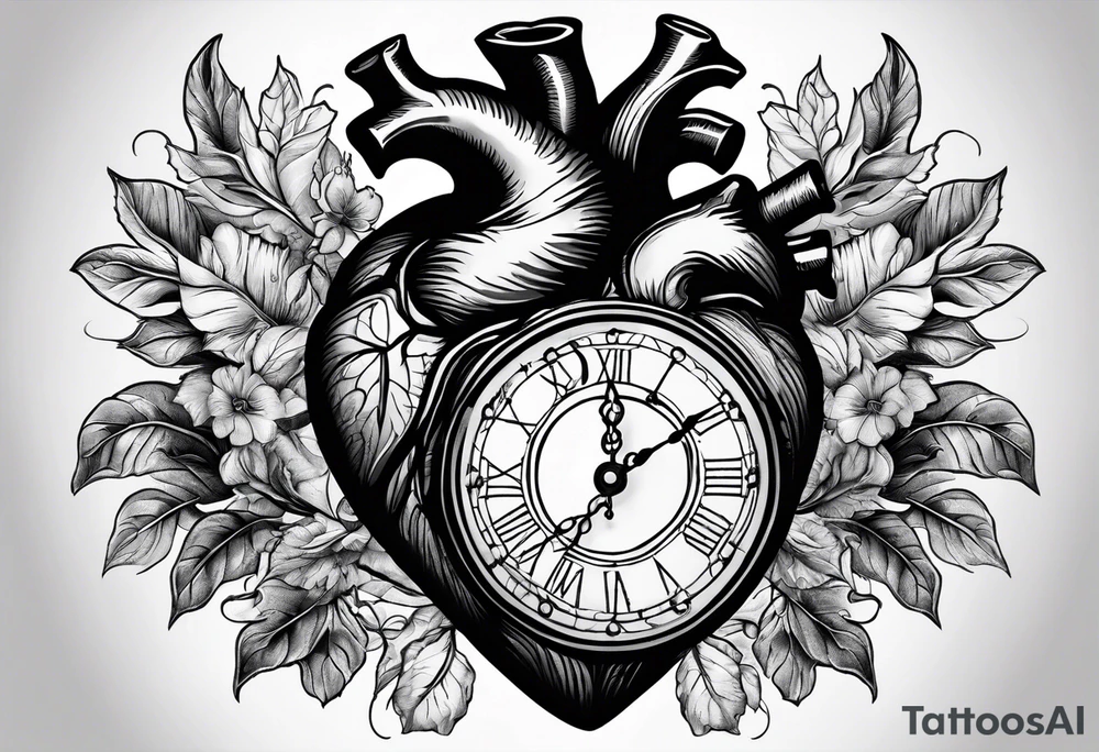 Anatomical heart with clock tattoo idea
