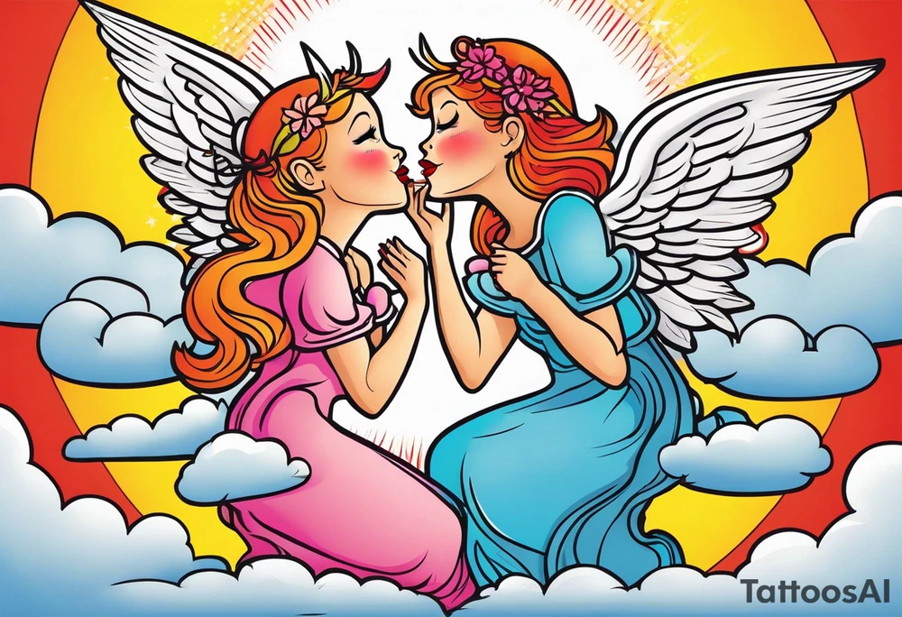 angel girl on right side whispering, devil girl on left side whispering, with rays of sun and clouds. Organ pipes center tattoo idea