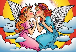 angel girl on right side whispering, devil girl on left side whispering, with rays of sun and clouds. Organ pipes center tattoo idea