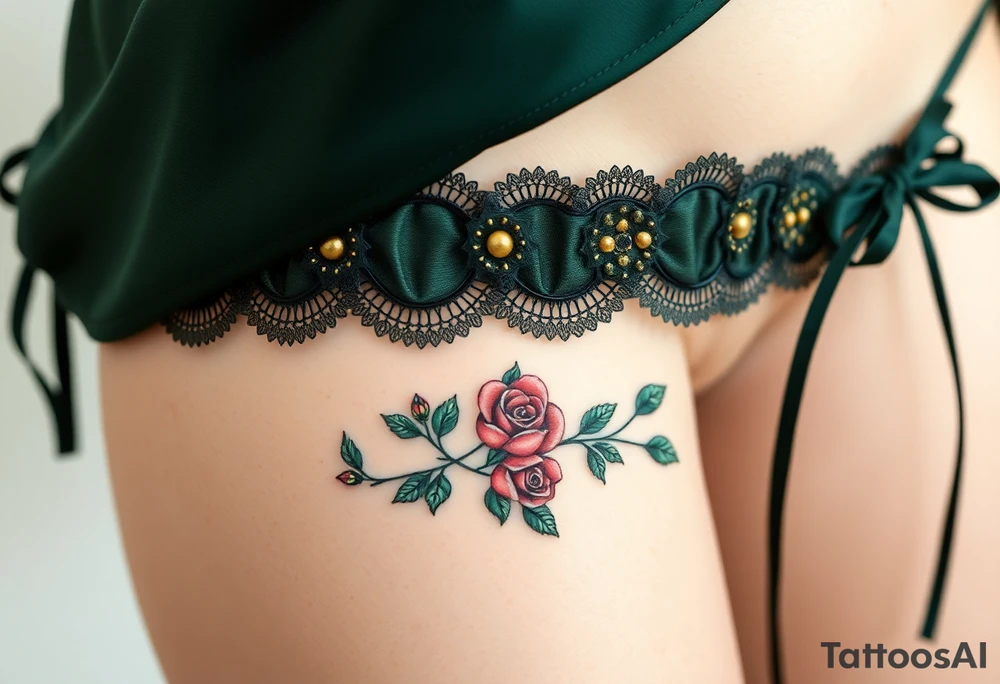 A Renaissance-style garter tattoo with dark forest green velvet, with baroque-inspired gold accents and tiny intricate roses tattoo idea