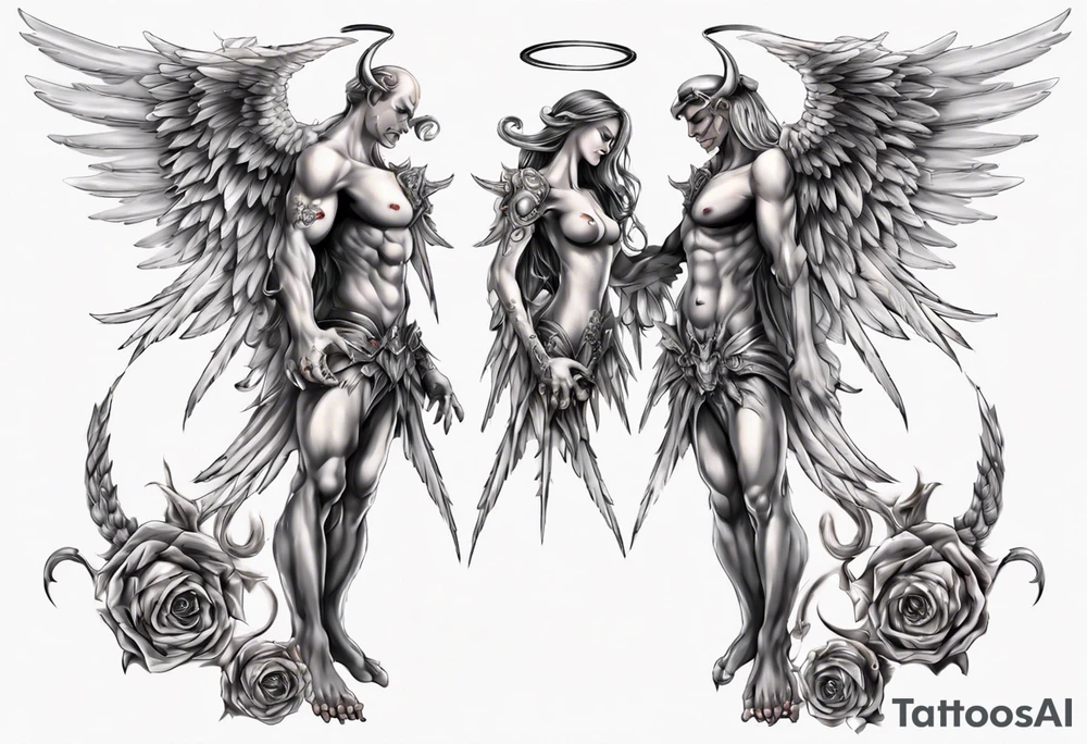 Demon and angel holding each other. He has angel wings, she has demon wings. tattoo idea