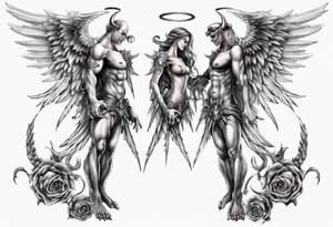 Demon and angel holding each other. He has angel wings, she has demon wings. tattoo idea