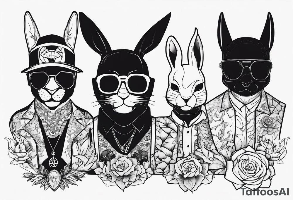 Characters from the albums of Mora, Eladio Carrion, Bad Bunny and Alvaro Diaz tattoo idea