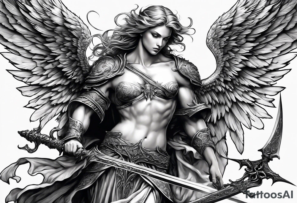 Angel with long sword atop a demon slain tattoo idea