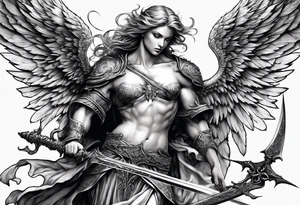 Angel with long sword atop a demon slain tattoo idea