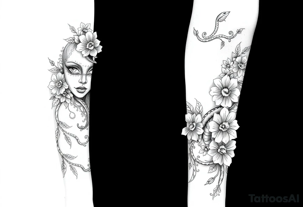 I want a two face masked tattoo with flowers, snakes , vines, jungle like all around On the forearm going down to my hand with cute flowers on it tattoo idea