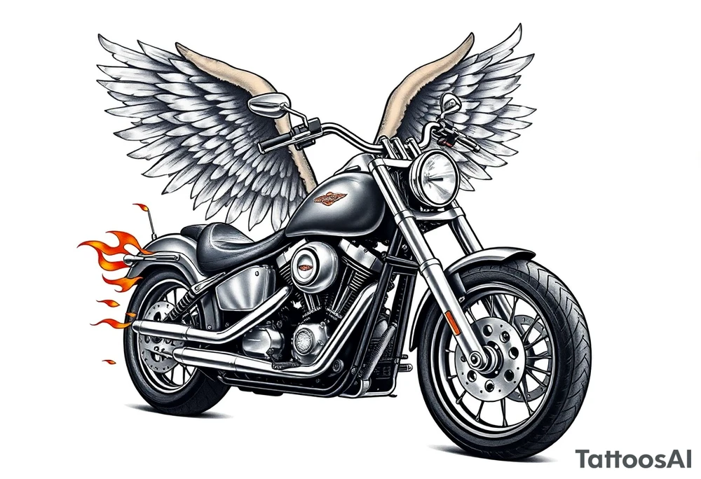 Harley grey motorcycle driving away, flames, angel wings tattoo idea