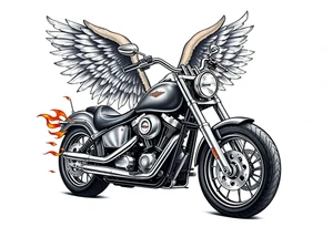 Harley grey motorcycle driving away, flames, angel wings tattoo idea