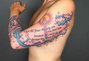 cast all your anxiety on him because he cares for you"  surrounded with clouds and cross big horizontal tattoo idea