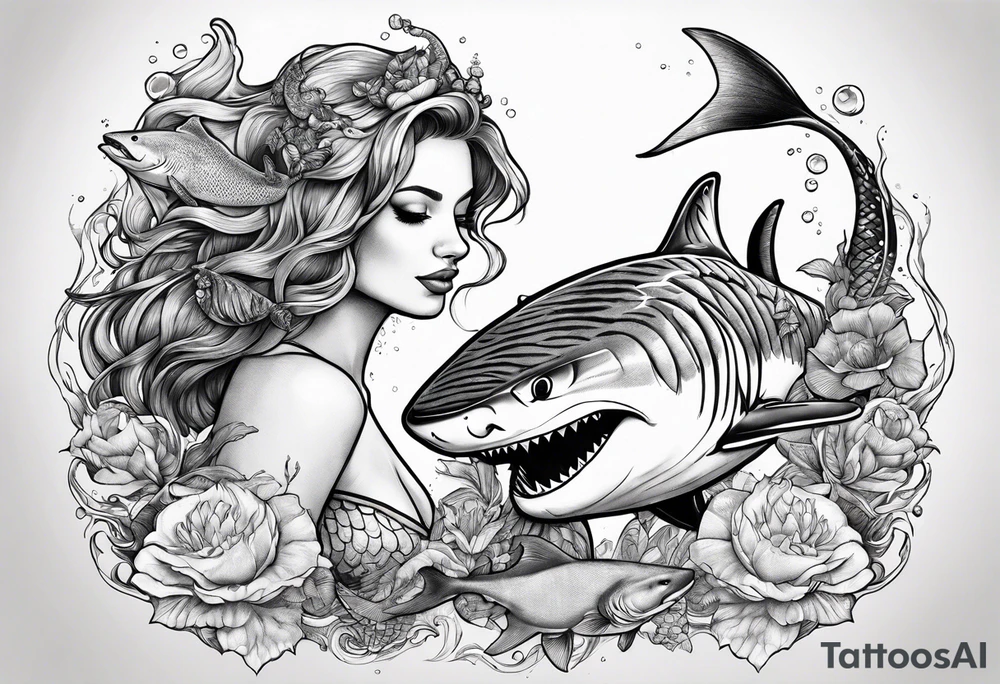Mermaid feeding a tiger shark tattoo idea