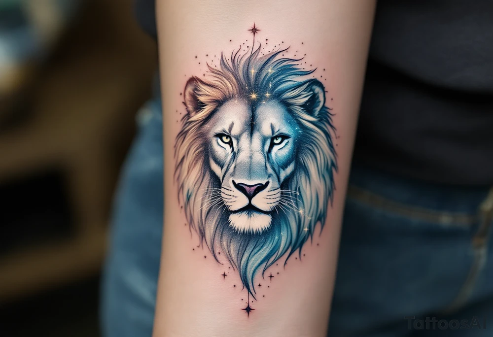 A celestial lion formed from stardust and soft gray shading lies beneath the Leo star constellation, in a wash of indigo and teal. tattoo idea