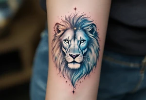 A celestial lion formed from stardust and soft gray shading lies beneath the Leo star constellation, in a wash of indigo and teal. tattoo idea