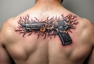 American traditional tattoo of glock with flames and a chain border tattoo idea