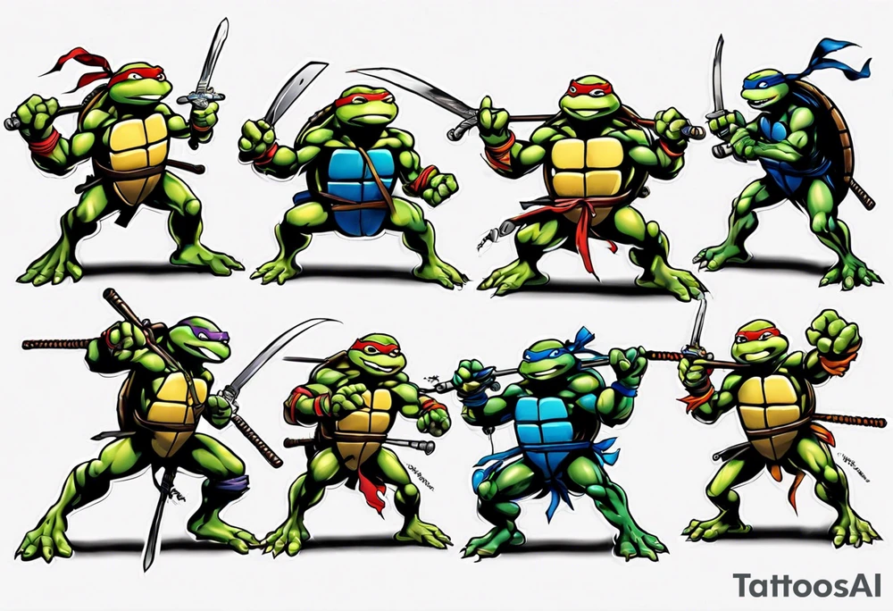 all four teenage mutant ninja turtles fighting enemies in a cityscape tattoo idea