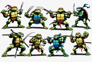 all four teenage mutant ninja turtles fighting enemies in a cityscape tattoo idea