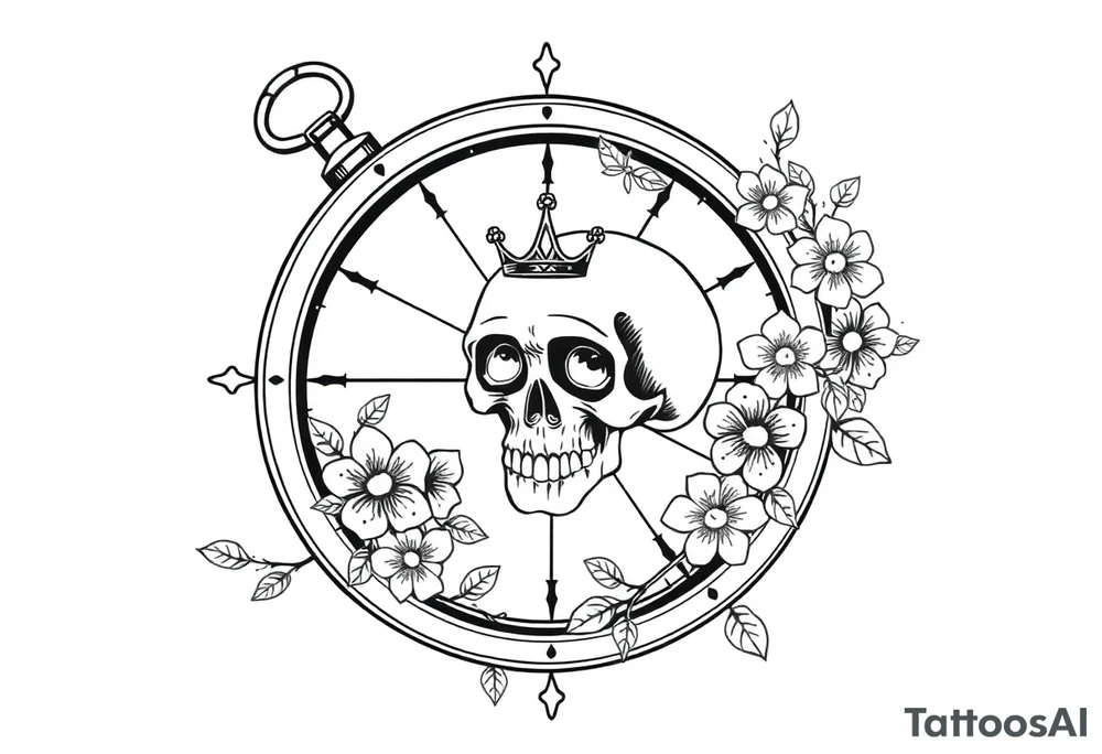 Compass with detailed beautiful gothic boho flowers on vine and skull with gorgeous crown tattoo idea