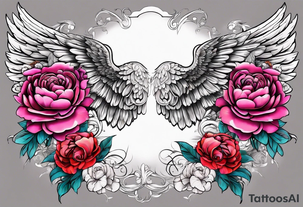 beautiful angel wings with floral peonies, roses, neon, brightly colored. highly detailed, tattoo idea