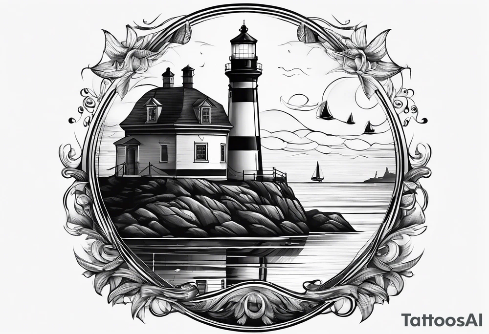 maritime lighthouse partially hidden by its large fixed sail. calm sea reflection. tattoo idea