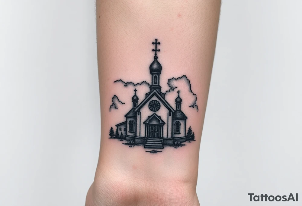 in a dorsal view a smaller sized orthodox church shrouded with a mist above and fading into a virgin mary overlooking tattoo idea