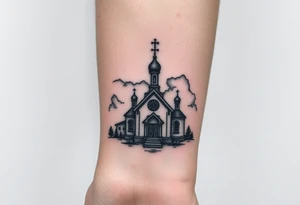 in a dorsal view a smaller sized orthodox church shrouded with a mist above and fading into a virgin mary overlooking tattoo idea