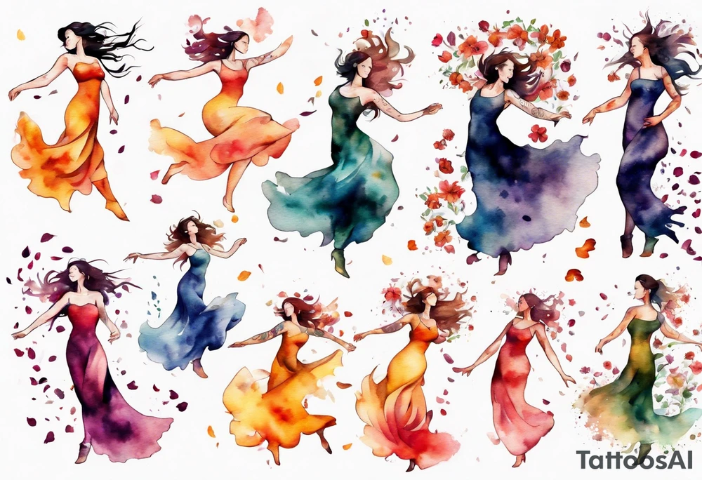 Very feminine woman dancing in a wind of flower petals tattoo idea