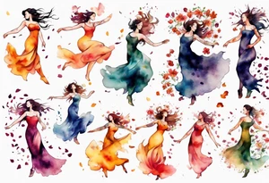 Very feminine woman dancing in a wind of flower petals tattoo idea
