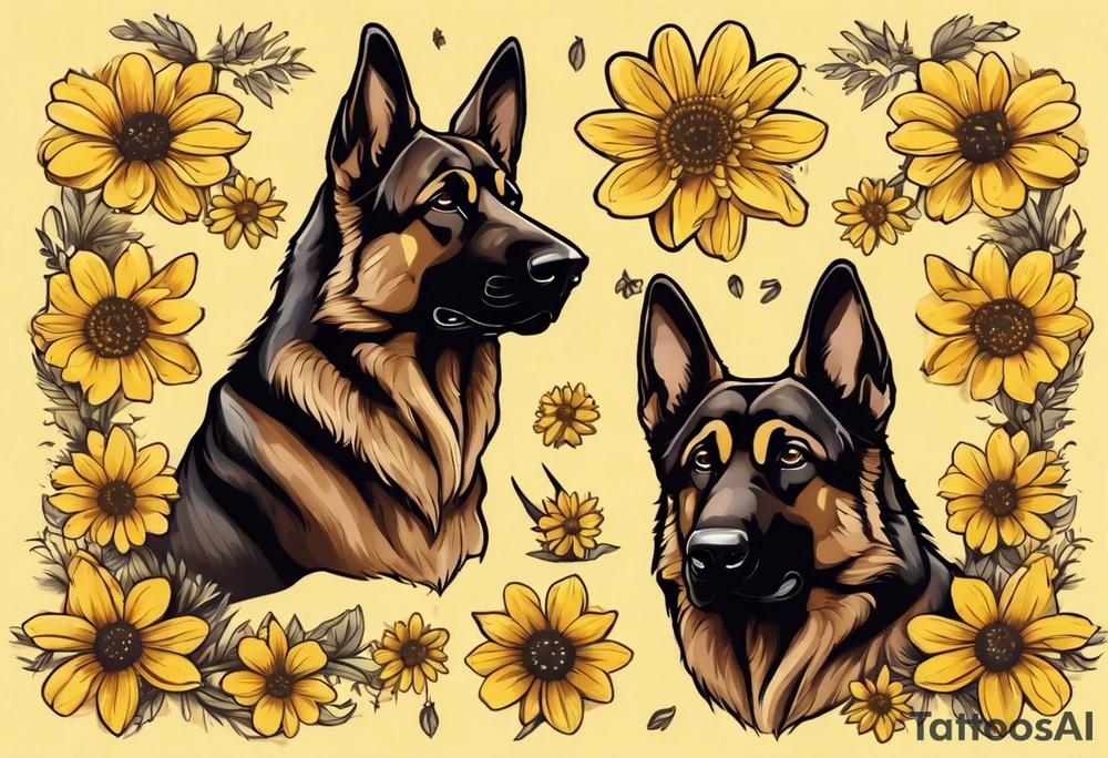 Dark Brown German shepherd portrait surrounded by yellow daisies tattoo idea