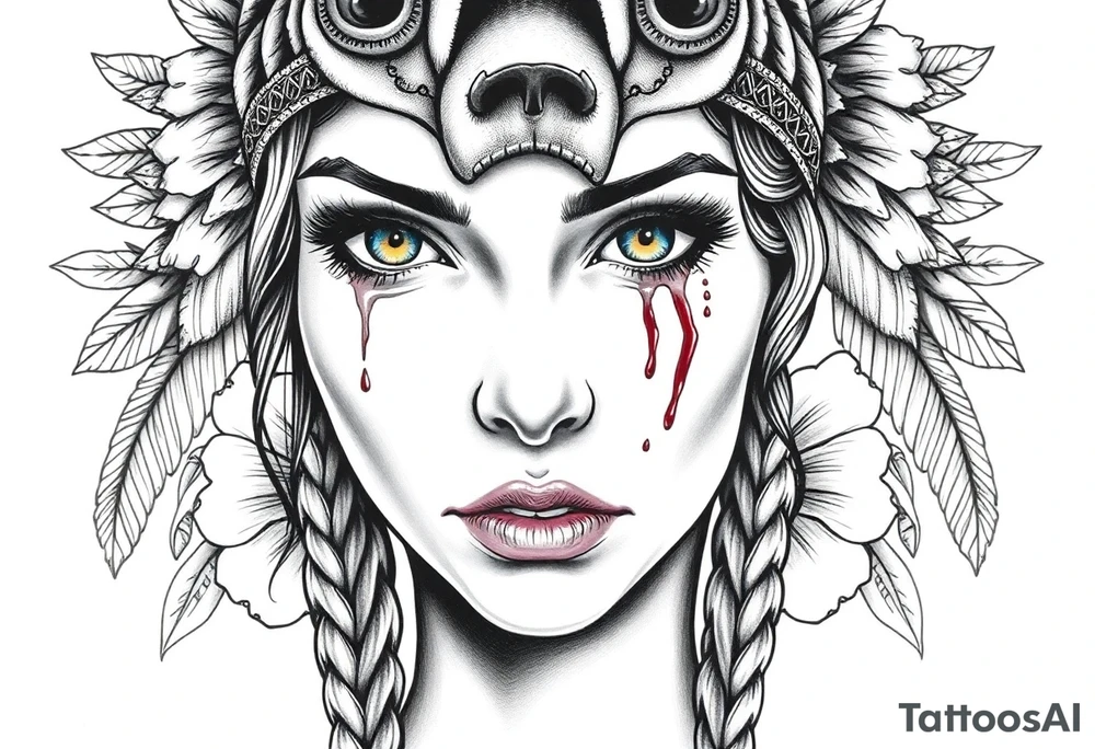 Young Symmetrical Beautiful Woman, looking forward, with colored eyes, shedding a tear, with battle scars and blood on face, with soft look, wearing a mean looking bear headdress on head, with flower background tattoo idea